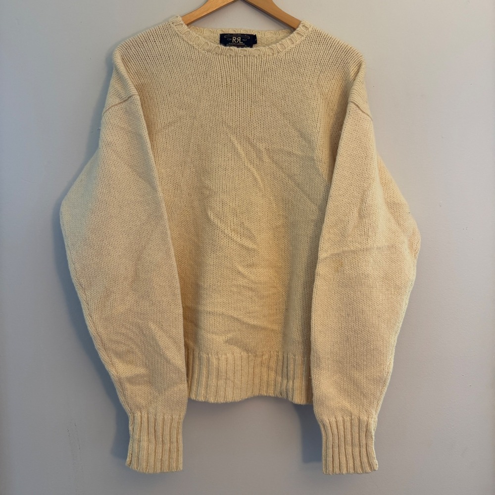 Vintage RRL Ralph Lauren Wool Knit Sweater Mens L Cream Crew Neck Heavyweight